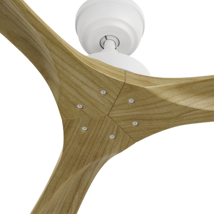 Close-up view of the Thora 60-inch farmhouse ceiling fan, showcasing its white motor housing and three natural wood blades. Designed for modern and rustic interiors, equipped with a DC motor for efficient airflow. 