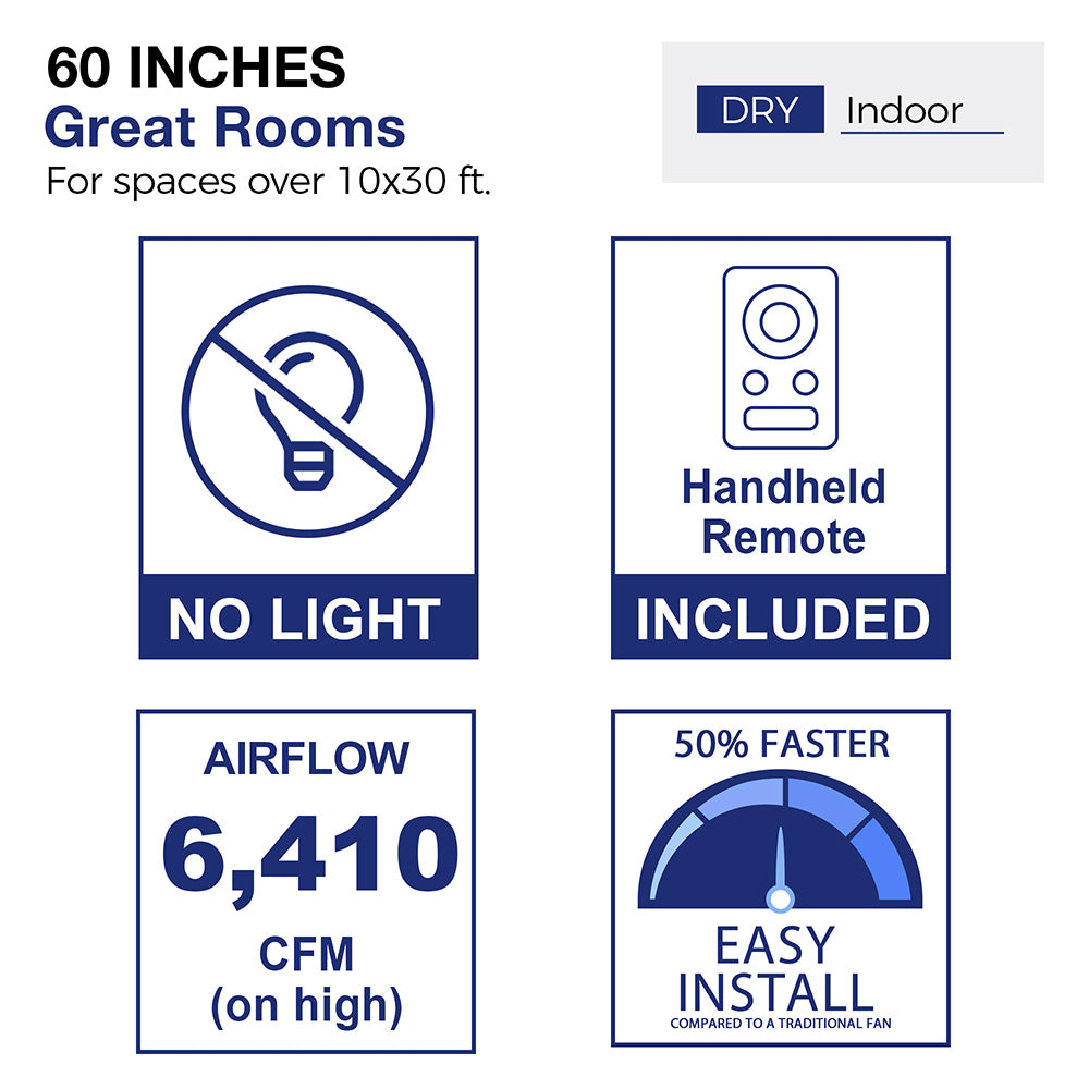 Diagram of a 60-inch ceiling fan designed for great indoor rooms measuring over 10x30 feet, specifically for dry environments. The image illustrates a stylized living room layout with furniture, showcasing the fan&