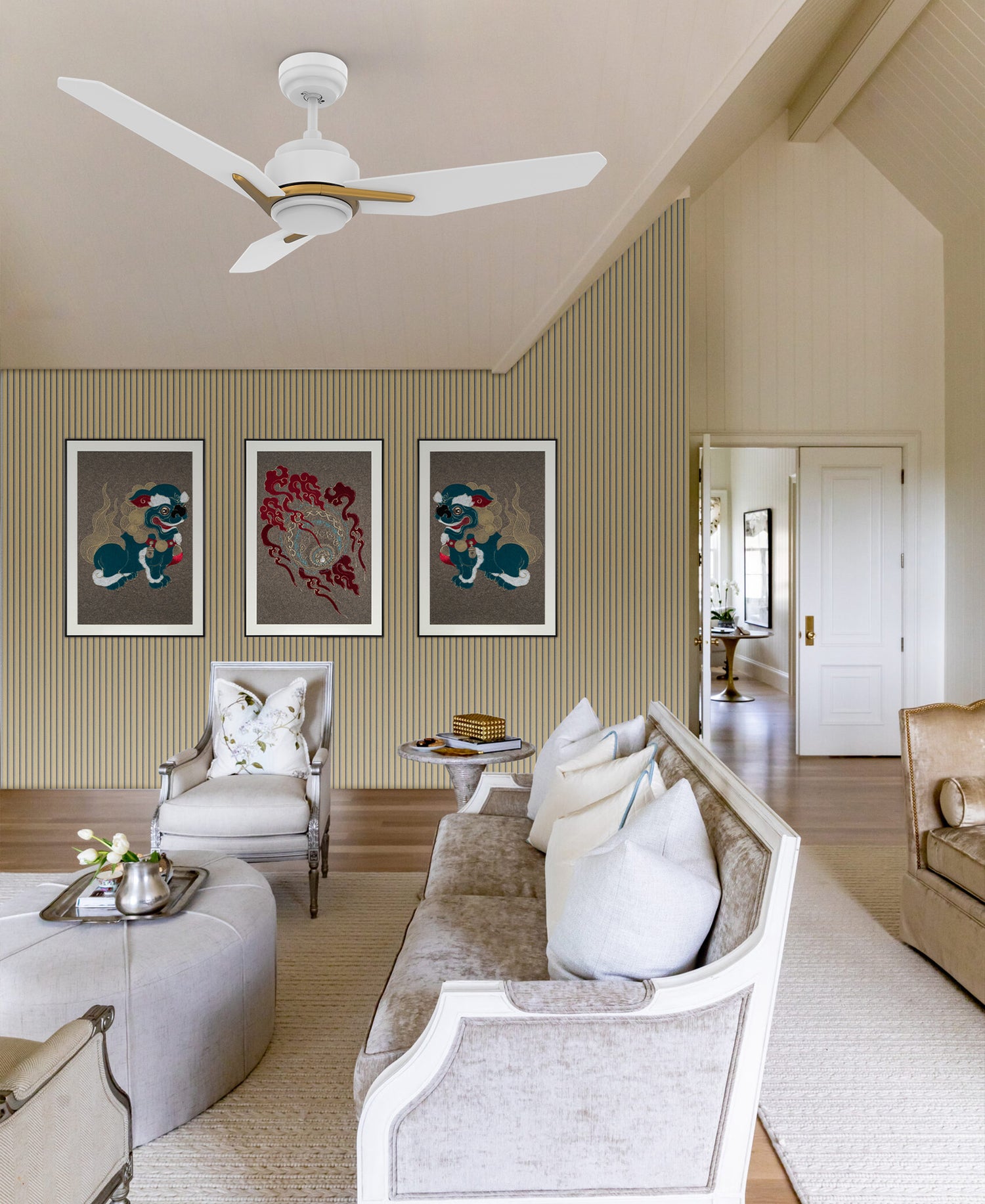 Bright living space featuring Tilbury white ceiling fan with LED light, natural oak acoustic wall panels, and artistic wall décor. Enhances light, airflow, and modern aesthetics.