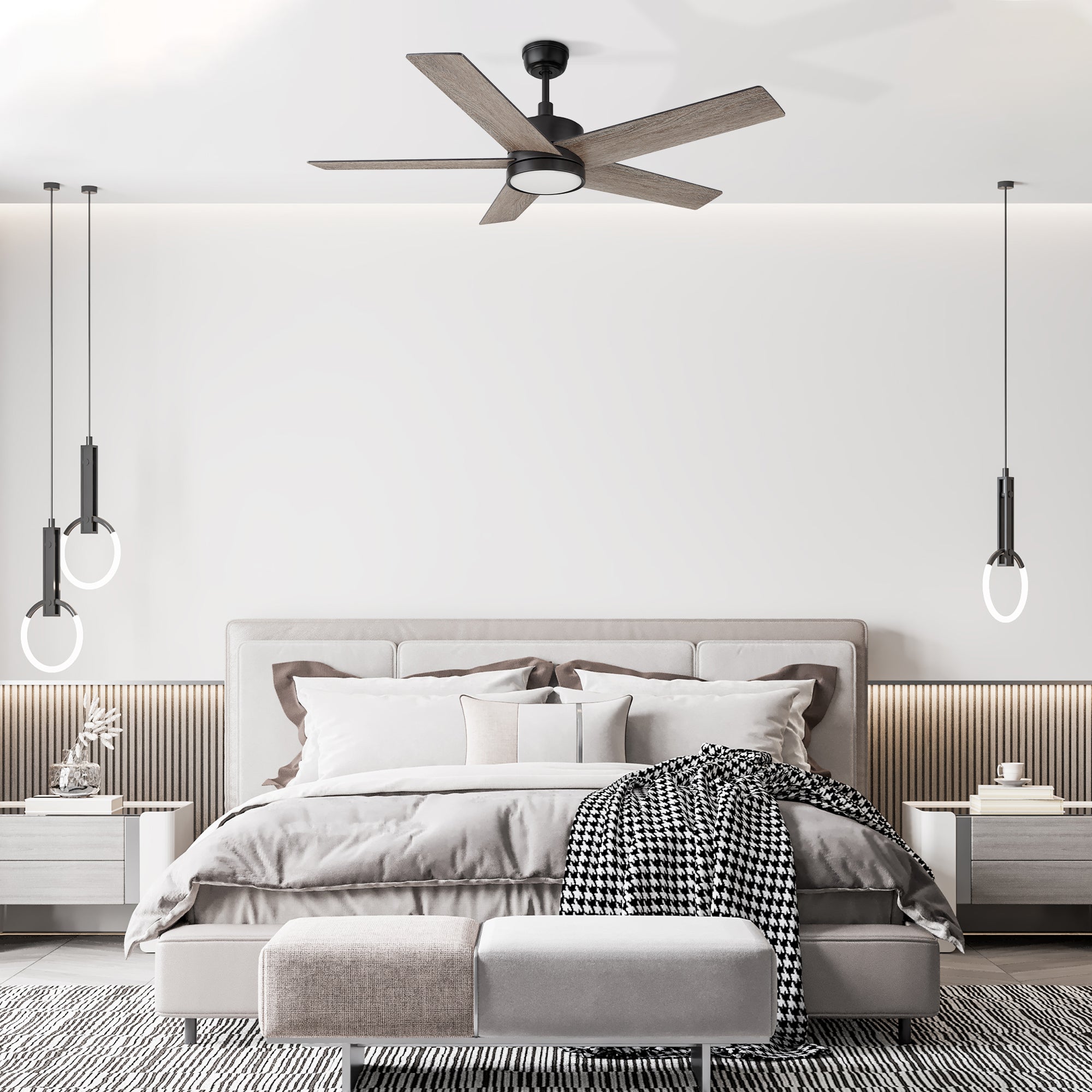 52in black Ceiling Fan: Modern design for a stylish bedroom. Remote-controlled and 10 speeds reversible motor. 