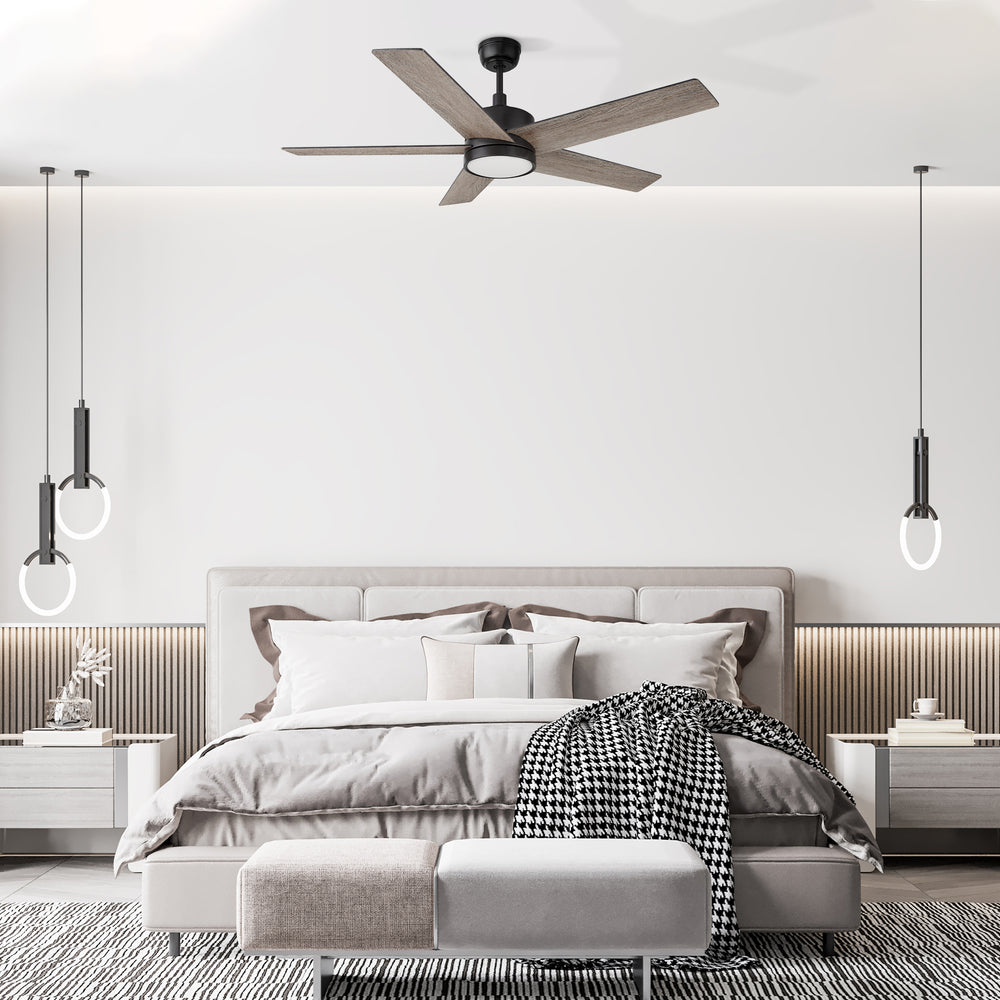 52in black Ceiling Fan: Modern design for a stylish bedroom. Remote-controlled and 10 speeds reversible motor. 