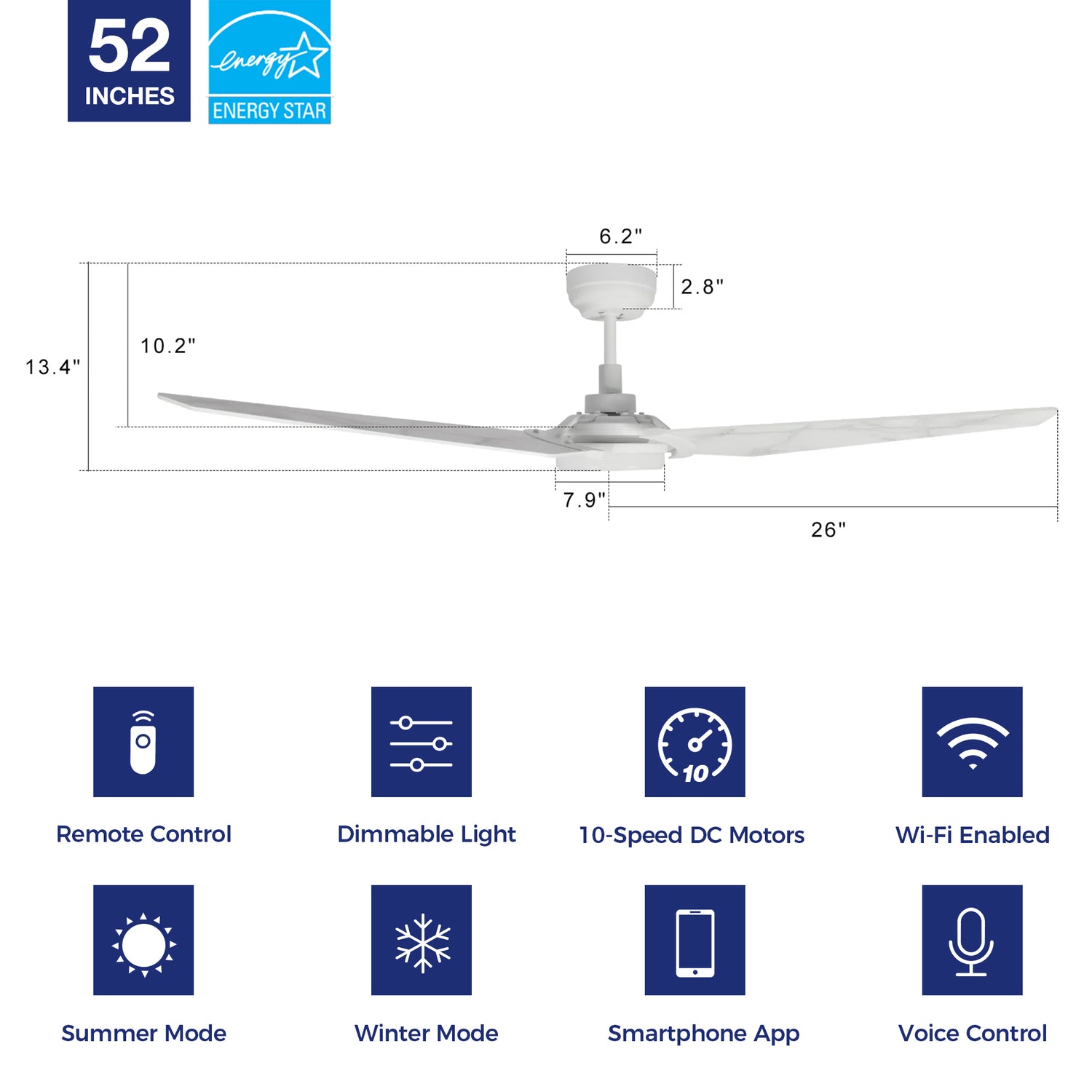 Trailblazer Outdoor 52&quot; Smart Ceiling Fan with LED Light Kit-White Base and White Marble Pattern fan blades. 
