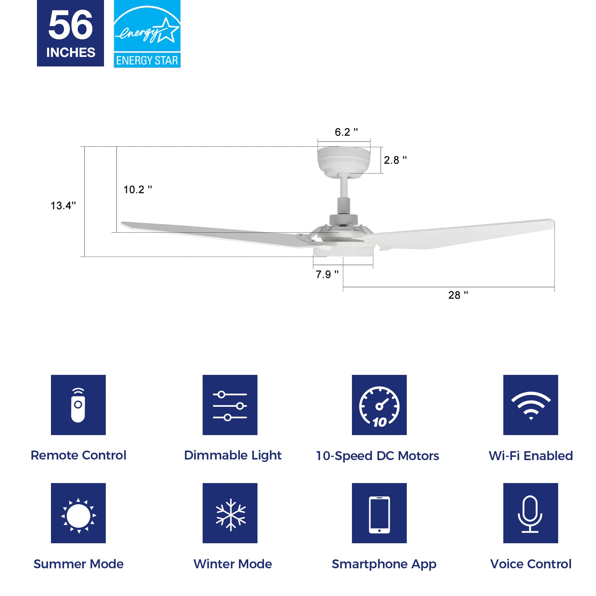 Trailblazer Outdoor 56&quot; Smart Ceiling Fan with LED Light Kit-White Base and White Pattern Fan Blades. The fan features Remote control, Wi-Fi apps and Voice control technology (compatible with Amazon Alexa and Google Home Assistant ) to set fan preferences. Equipping with 2150-lumens LED lights and 10-speed DC Motor (4400CFM airflow output), bring you cool and bright. 