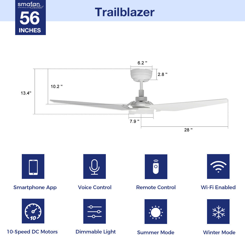 Trailblazer Outdoor 56" Smart Ceiling Fan with LED Light Kit-White Base and White Pattern Fan Blades. The fan features Remote control, Wi-Fi apps and Voice control technology (compatible with Amazon Alexa and Google Home Assistant ) to set fan preferences. Equipping with 2150-lumens LED lights and 10-speed DC Motor (4400CFM airflow output), bring you cool and bright. 