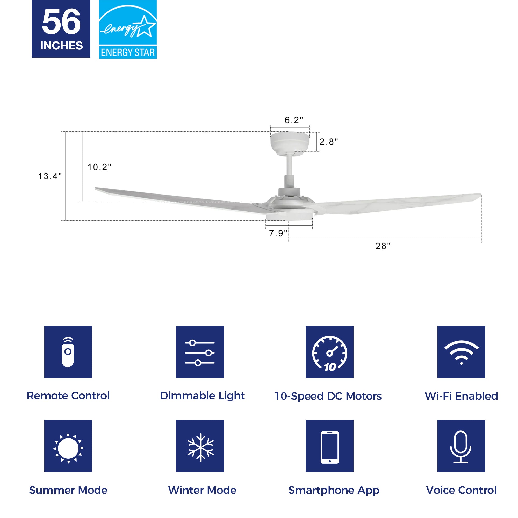 Trailblazer Outdoor 56&quot; Smart Ceiling Fan with LED Light Kit-White Base and White Marble Pattern Fan Blades. The fan features Remote control, Wi-Fi apps and Voice control technology (compatible with Amazon Alexa and Google Home Assistant ) to set fan preferences. Equipping with 2150-lumens LED lights and 10-speed DC Motor (4400CFM airflow output), bring you cool and bright.  