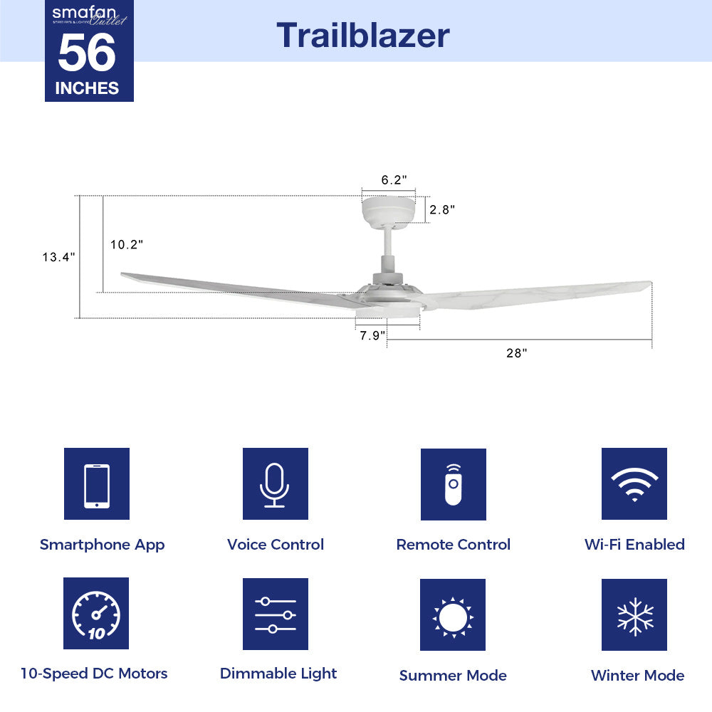 Trailblazer Outdoor 56" Smart Ceiling Fan with LED Light Kit-White Base and White Marble Pattern Fan Blades. The fan features Remote control, Wi-Fi apps and Voice control technology (compatible with Amazon Alexa and Google Home Assistant ) to set fan preferences. Equipping with 2150-lumens LED lights and 10-speed DC Motor (4400CFM airflow output), bring you cool and bright. 