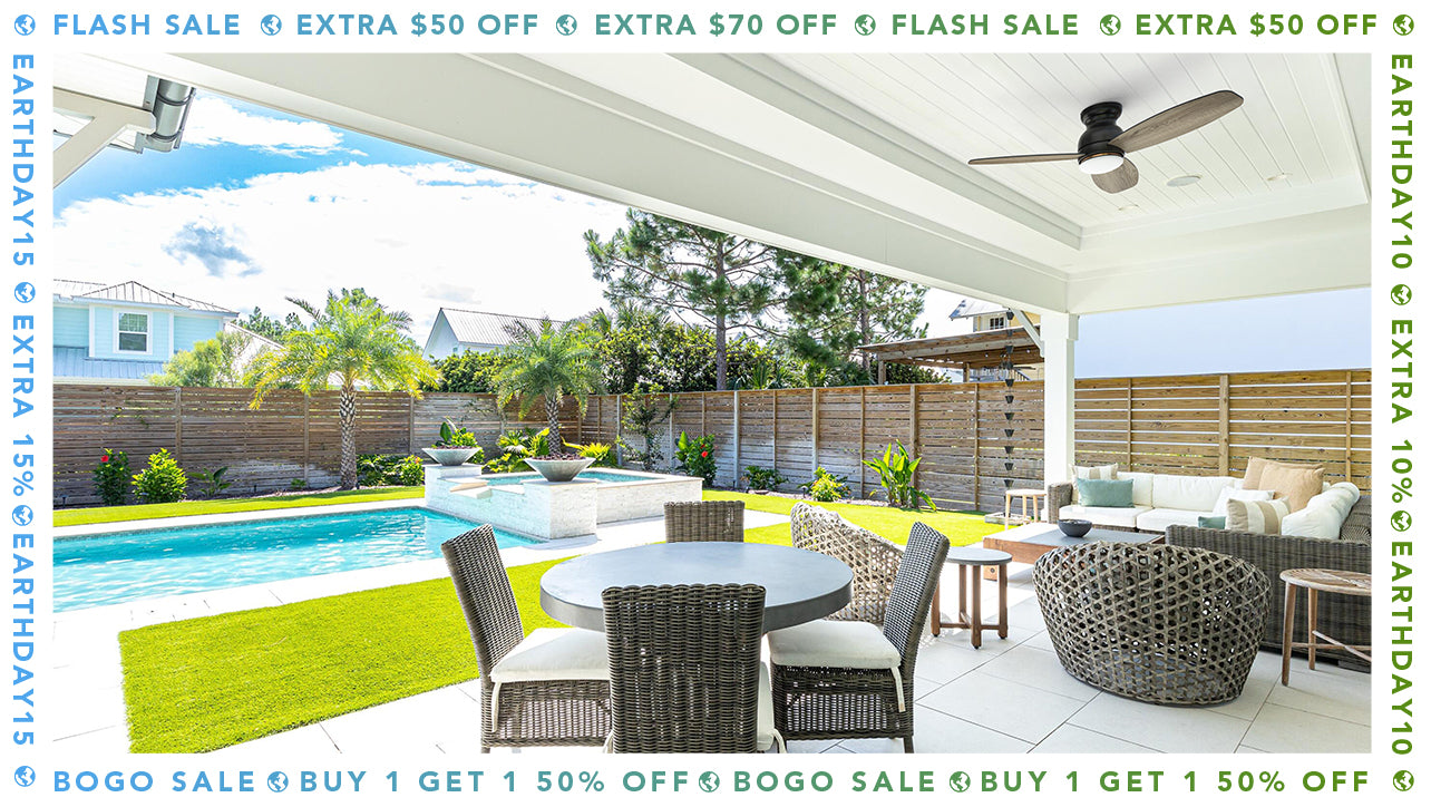 A promotional banner for an Earth Day sale featuring a covered outdoor patio with low profile 3-blade ceiling fan with light, mounted on a white ceiling for efficient airflow and cooling.  The patio includes wicker furniture, a dining table, a round chair, a sofa, a pool, and tropical greenery.  The banner offers "Flash Sale Extra $50-$70 Off" and "Earth Day 15-10%", "BOGO Sale: Buy 1 Get 1 50% Off," encouraging purchases of energy-efficient ceiling fans for sustainable cooling.