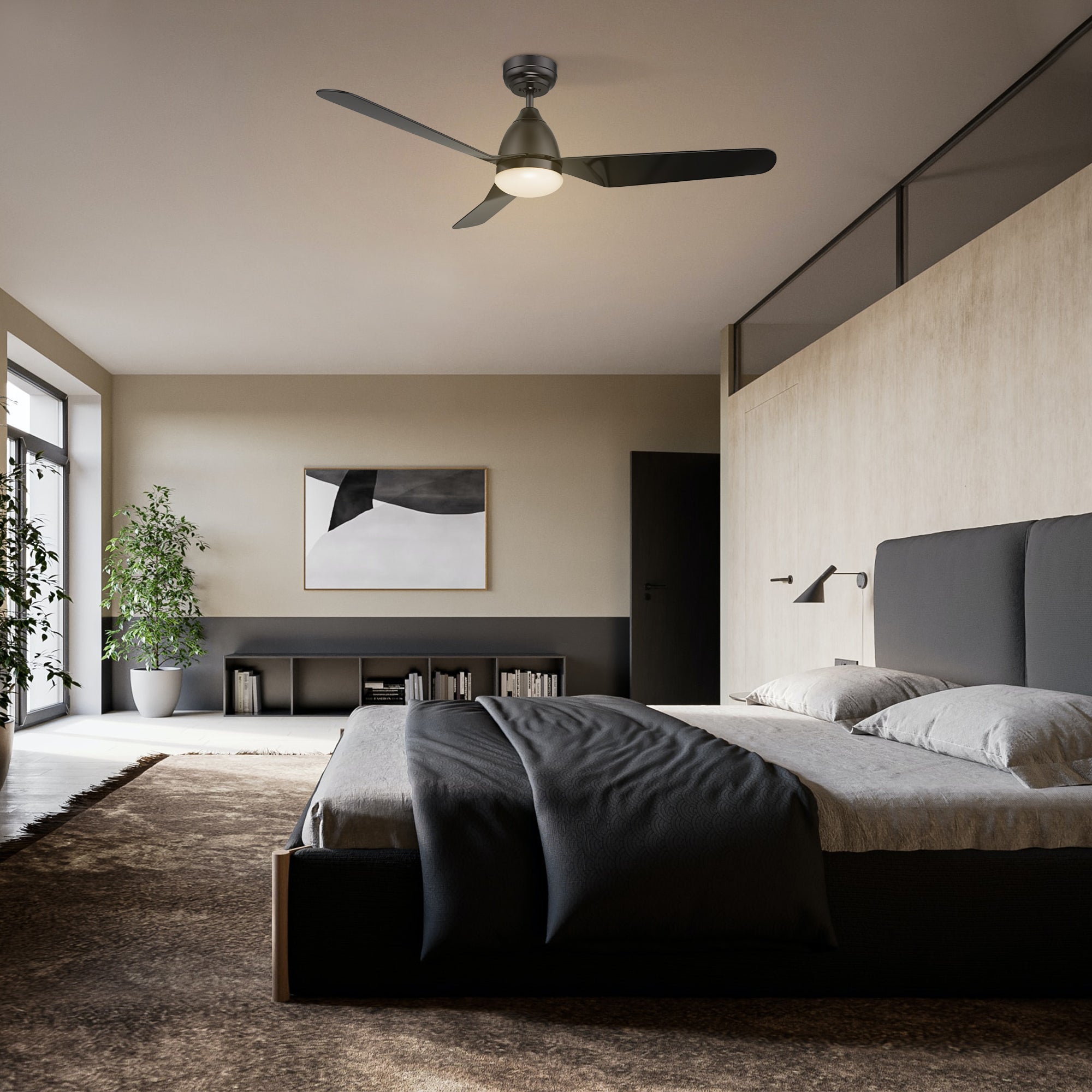 The Triton 52-inch ceiling fan with integrated LED light and smart controls installed in a luxurious, minimalist bedroom with neutral tones. 