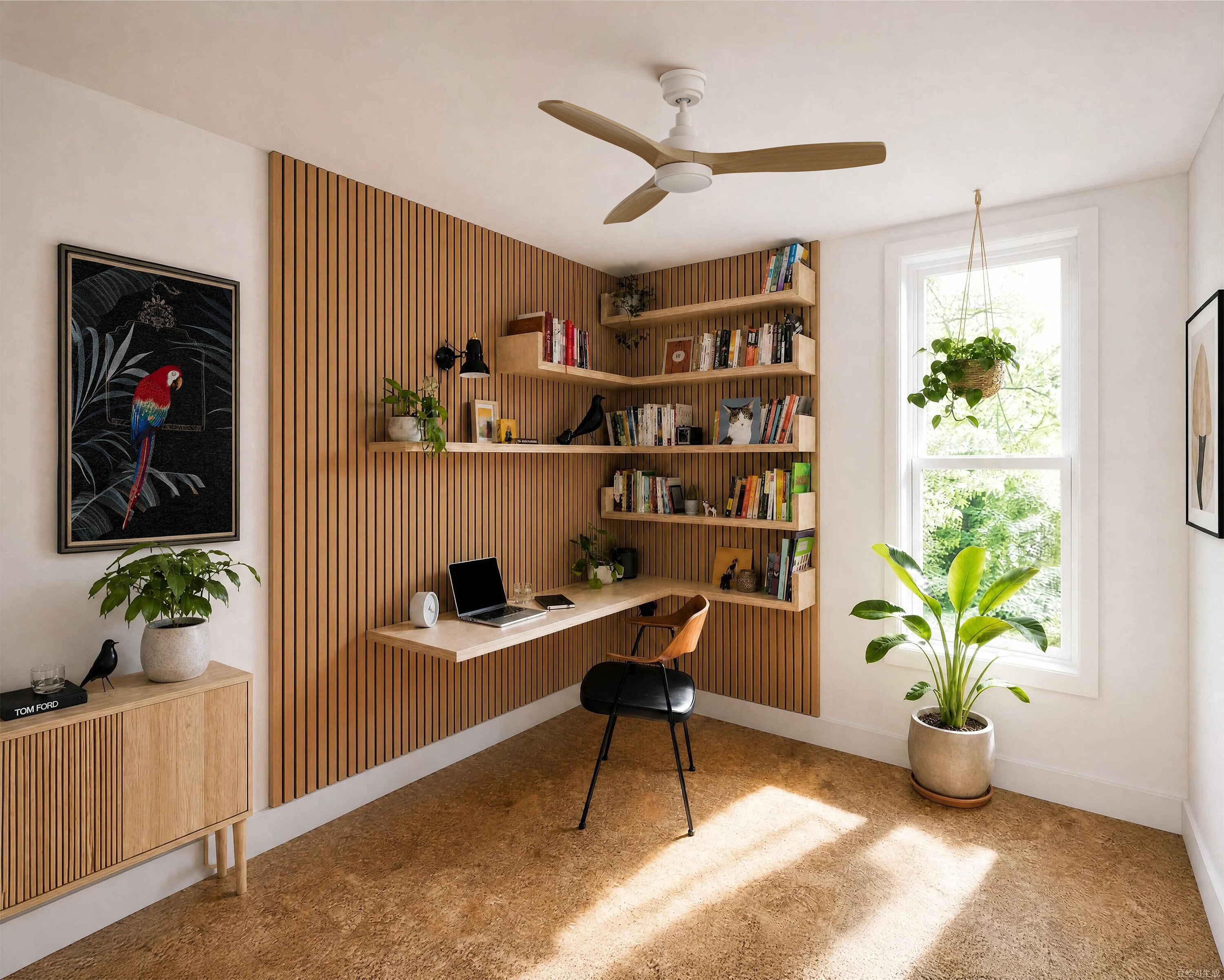 Smafan Ultiem 52 inch white wood ceiling fan with LED light installed in a modern home office. The three-blade ceiling fan features a clean white motor housing with natural wood blades, complementing the warm wood slat accent wall, built-in bookshelves, and bright study space, delivering quiet, energy-efficient airflow for everyday comfort and productivity.