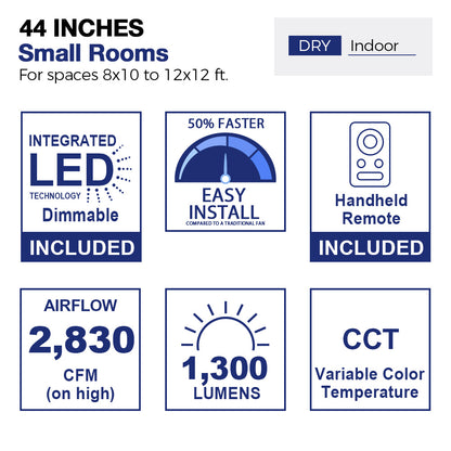 Diagram of a 44-inch ceiling fan designed for small indoor rooms measuring 8x10 to 12x12 feet, specifically for dry environments. The image illustrates a stylized living room layout with furniture, showcasing the fan&