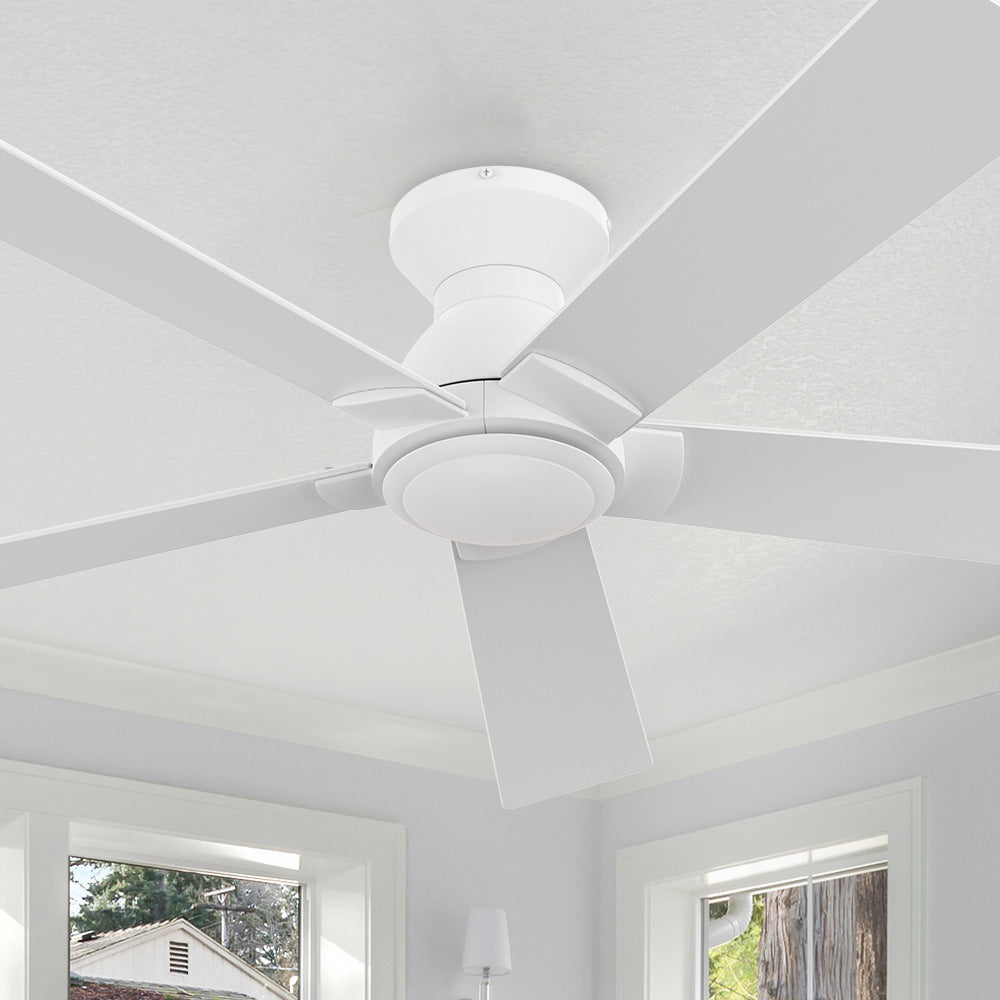 Smafan Vetric 52-inch low profile ceiling fan in all-white finish with five blades, mounted flush to the ceiling in a modern room with white trim and natural light. 