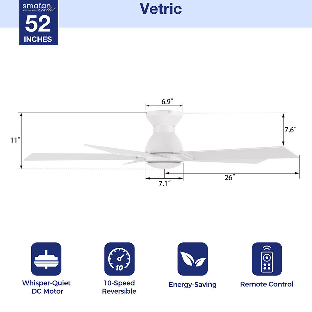 Smafan Vetric 52-inch ceiling fan product diagram in white, showing detailed dimensions including 11&quot; overall height and 26&quot; blade length. Features icons below highlight whisper-quiet DC motor, 10-speed reversible function, energy-saving performance, and remote control compatibility. 