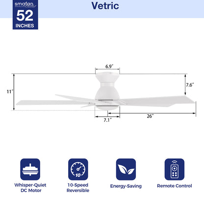 Smafan Vetric 52-inch ceiling fan product diagram in white, showing detailed dimensions including 11&quot; overall height and 26&quot; blade length. Features icons below highlight whisper-quiet DC motor, 10-speed reversible function, energy-saving performance, and remote control compatibility. 