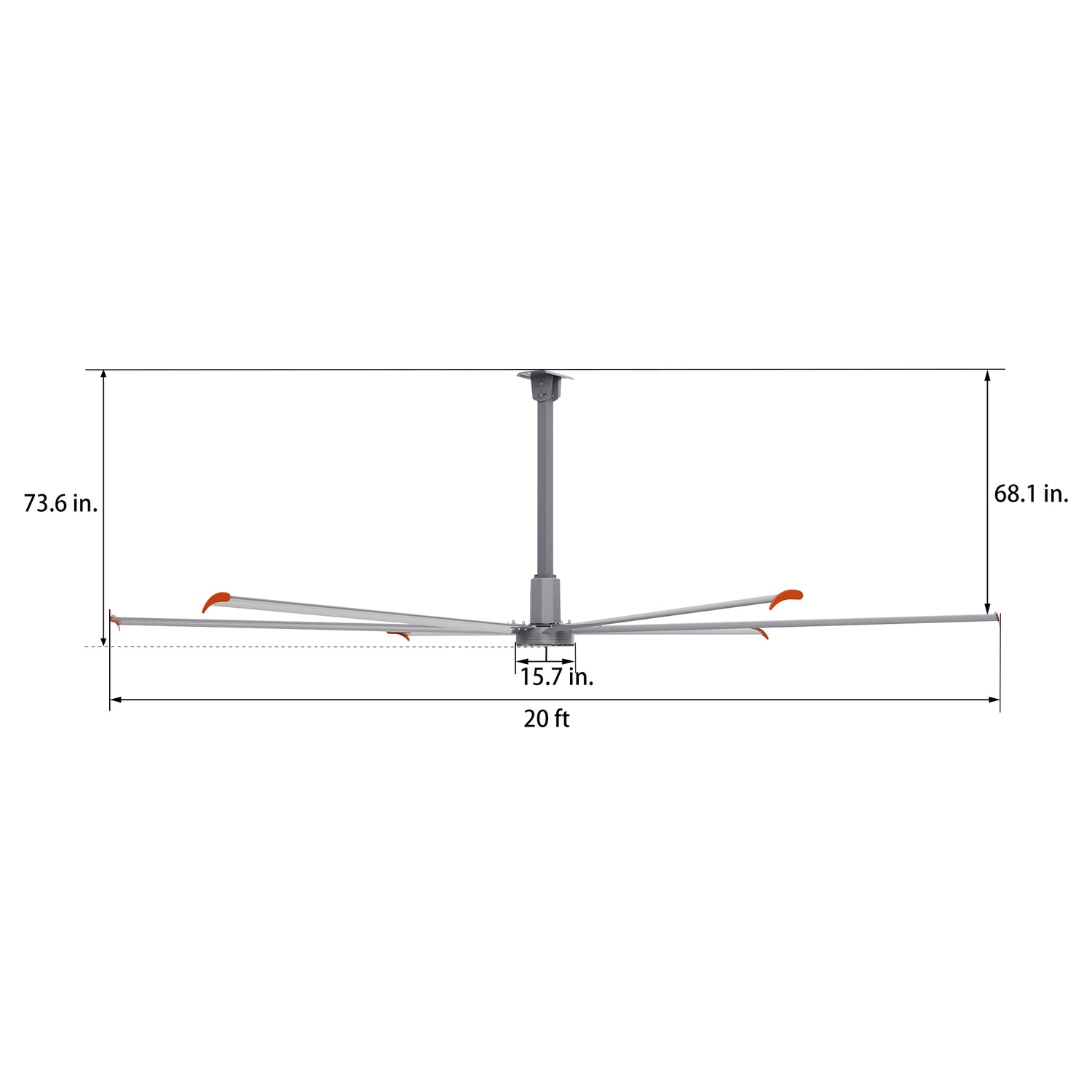 Dimension diagram of a 20ft industrial fan in silver. 