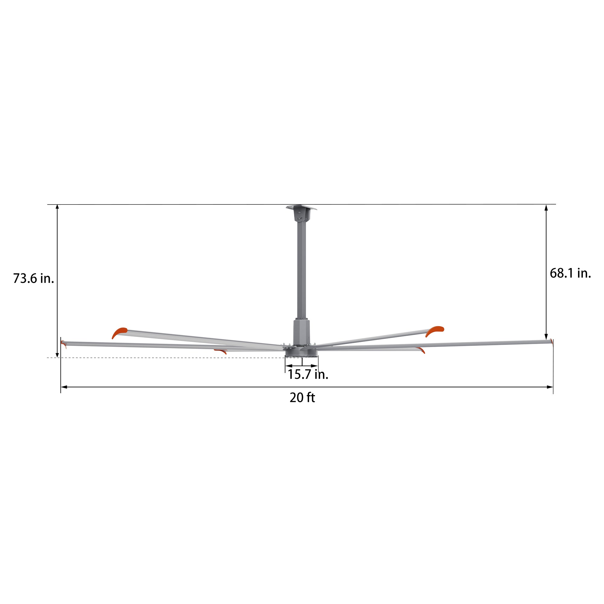 Dimension diagram of a 20ft industrial fan in silver. 