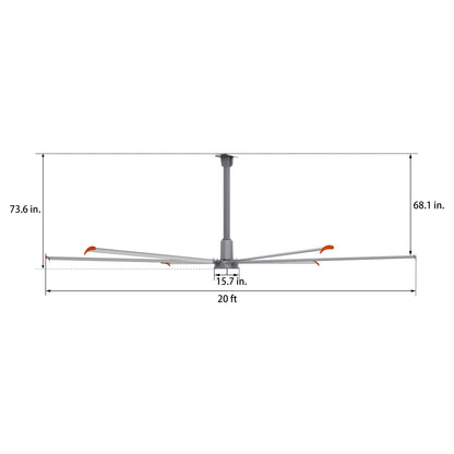 Dimension diagram of a 20ft industrial fan in silver. 