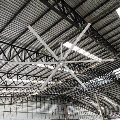 Large industrial fan installed in a spacious warehouse. 