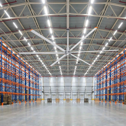 22ft Industrial fan mounted on the ceiling of an empty warehouse. 