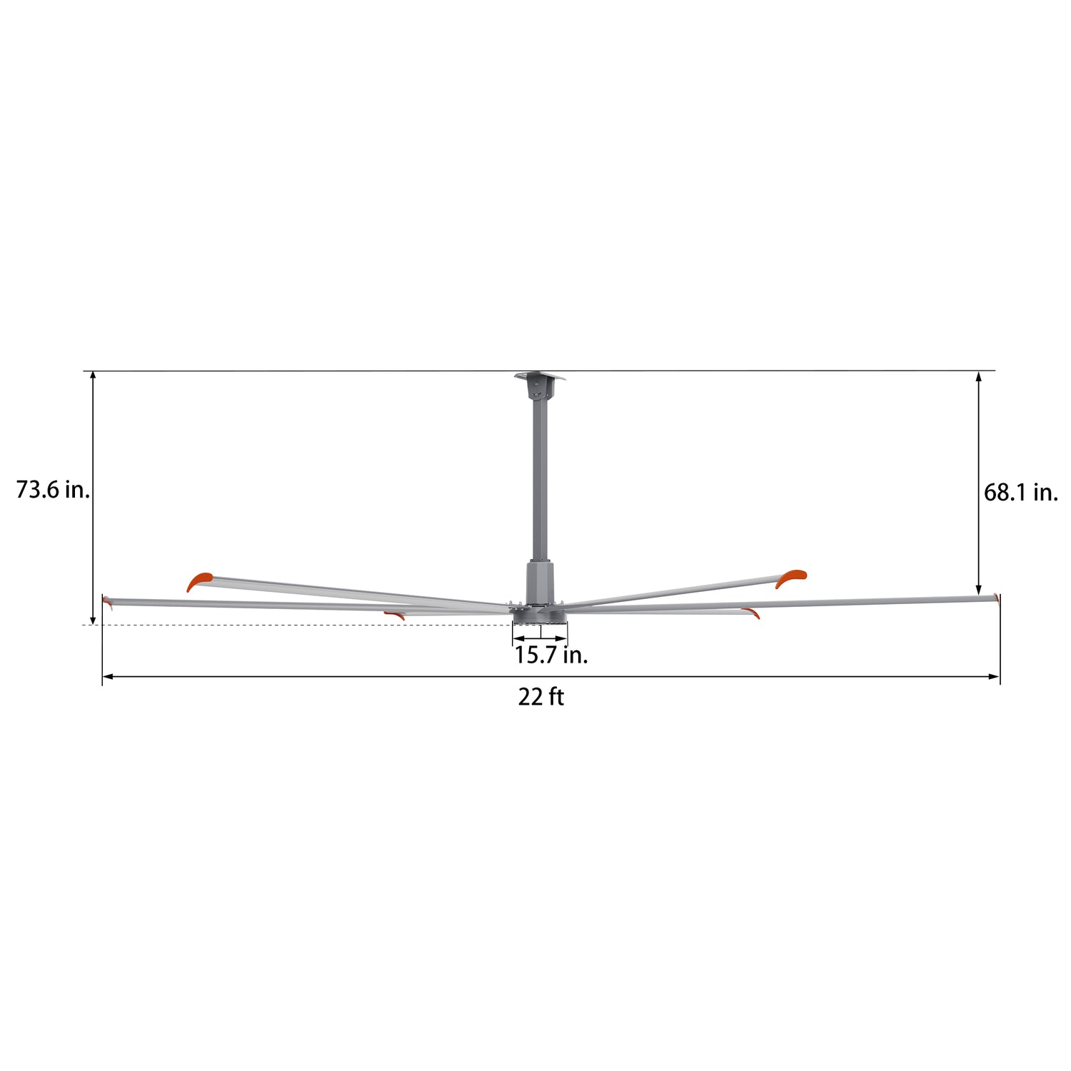 Dimension figure of 22ft industrial ceiling fan in silver with down rod. 