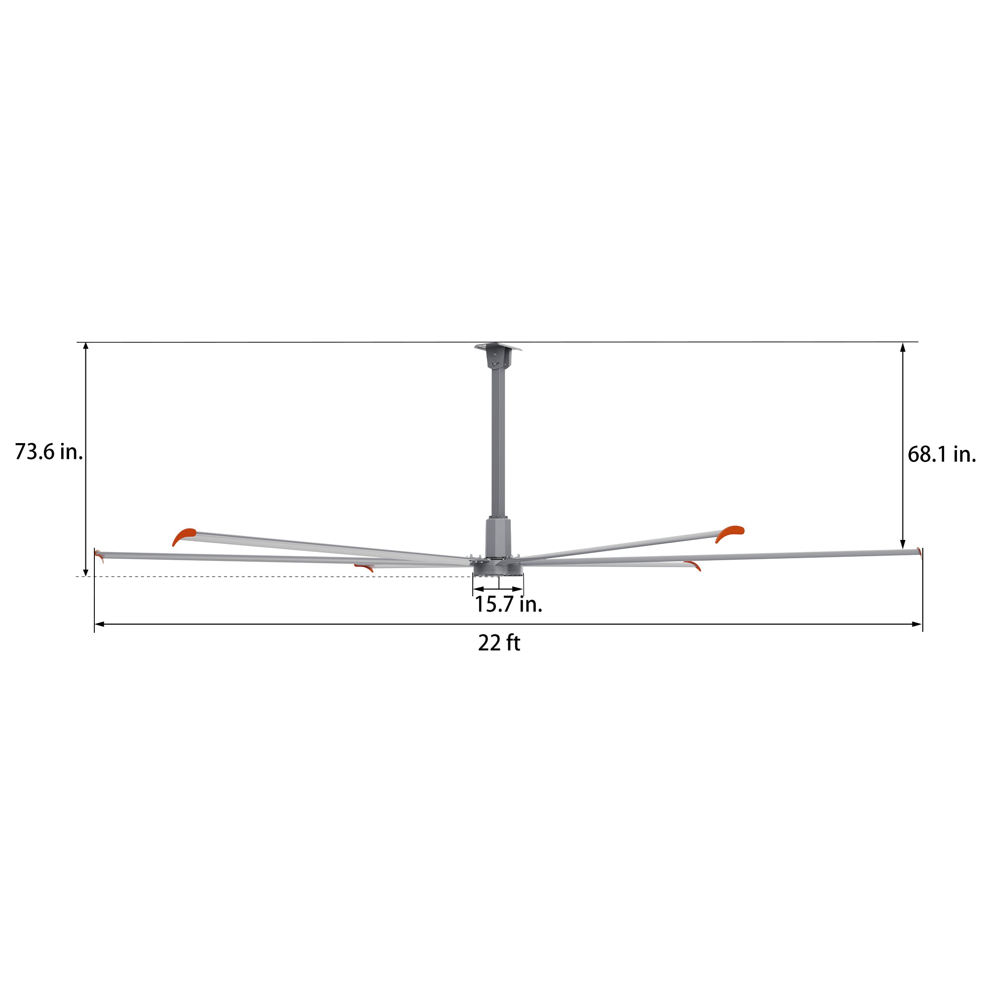 Dimension figure of 22ft industrial ceiling fan in silver with down rod. 