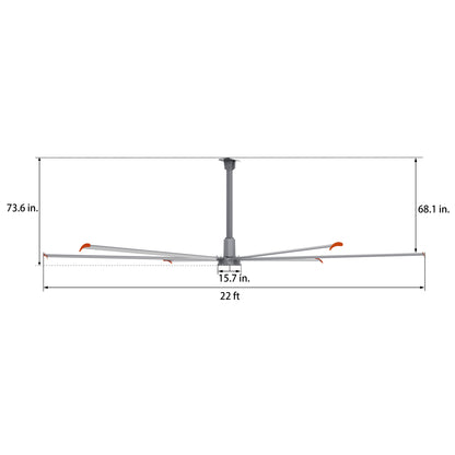 Dimension figure of 22ft industrial ceiling fan in silver with down rod. 