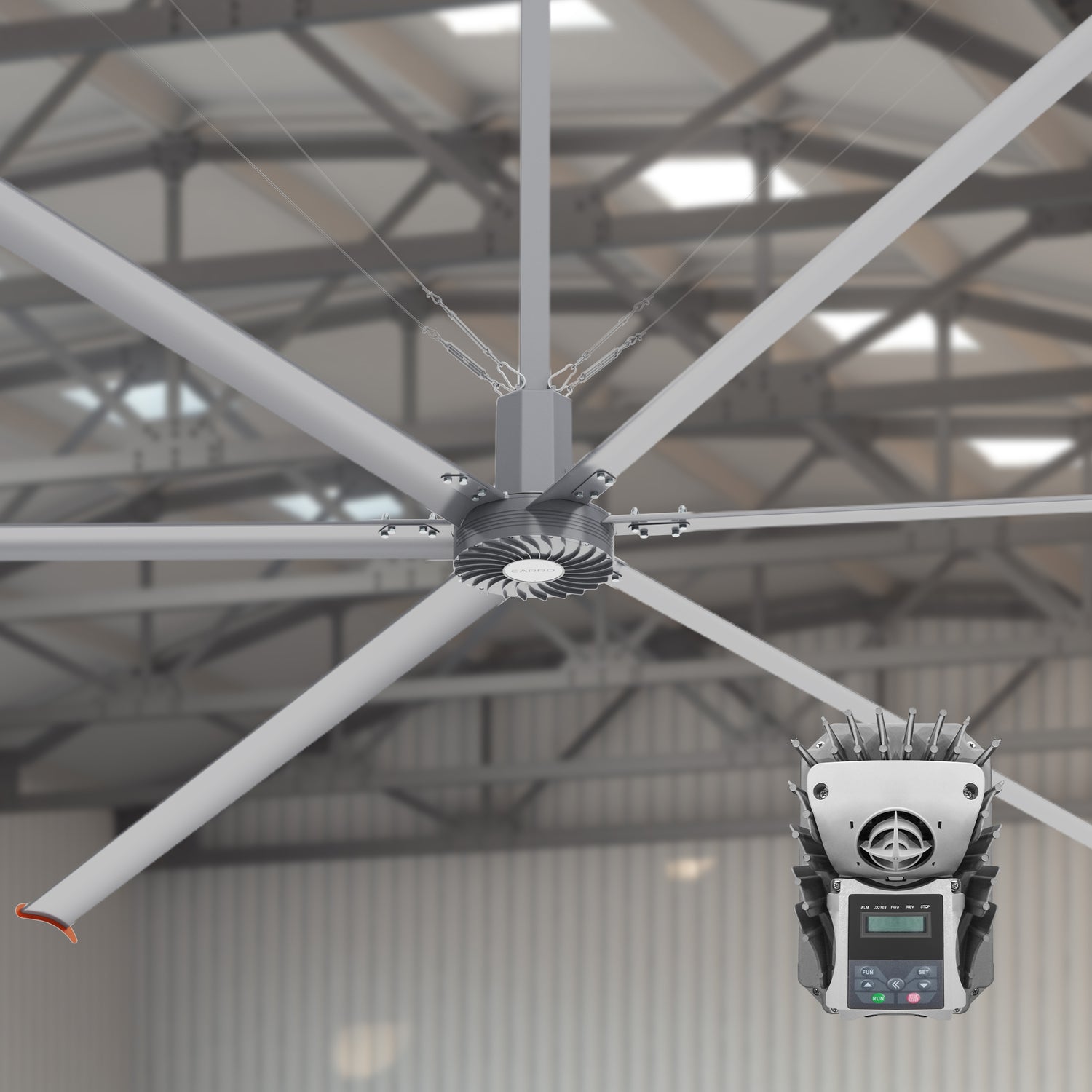 24ft industrial fan in silver with wire wall controller and steel rope traction device. 