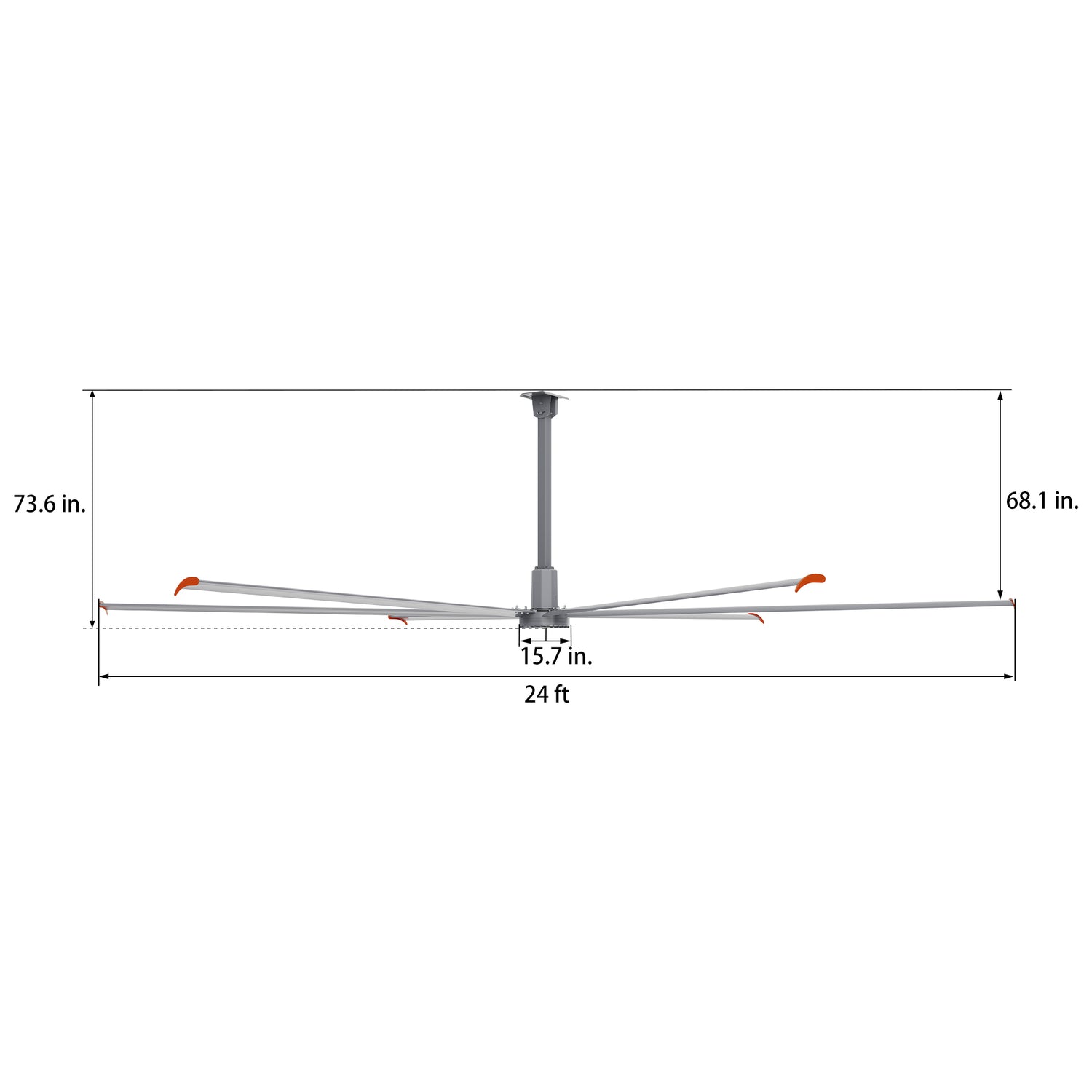 Dimension figure of 24ft industrial ceiling fan in silver with down rod. 