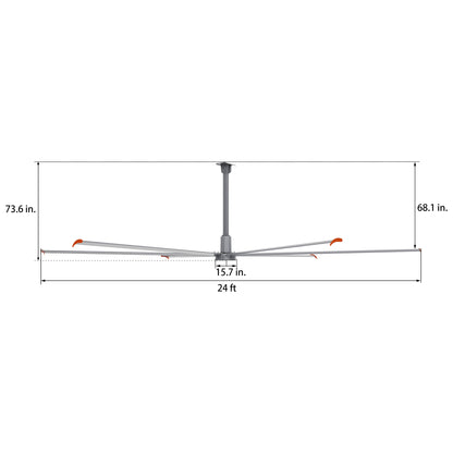 Dimension figure of 24ft industrial ceiling fan in silver with down rod. 