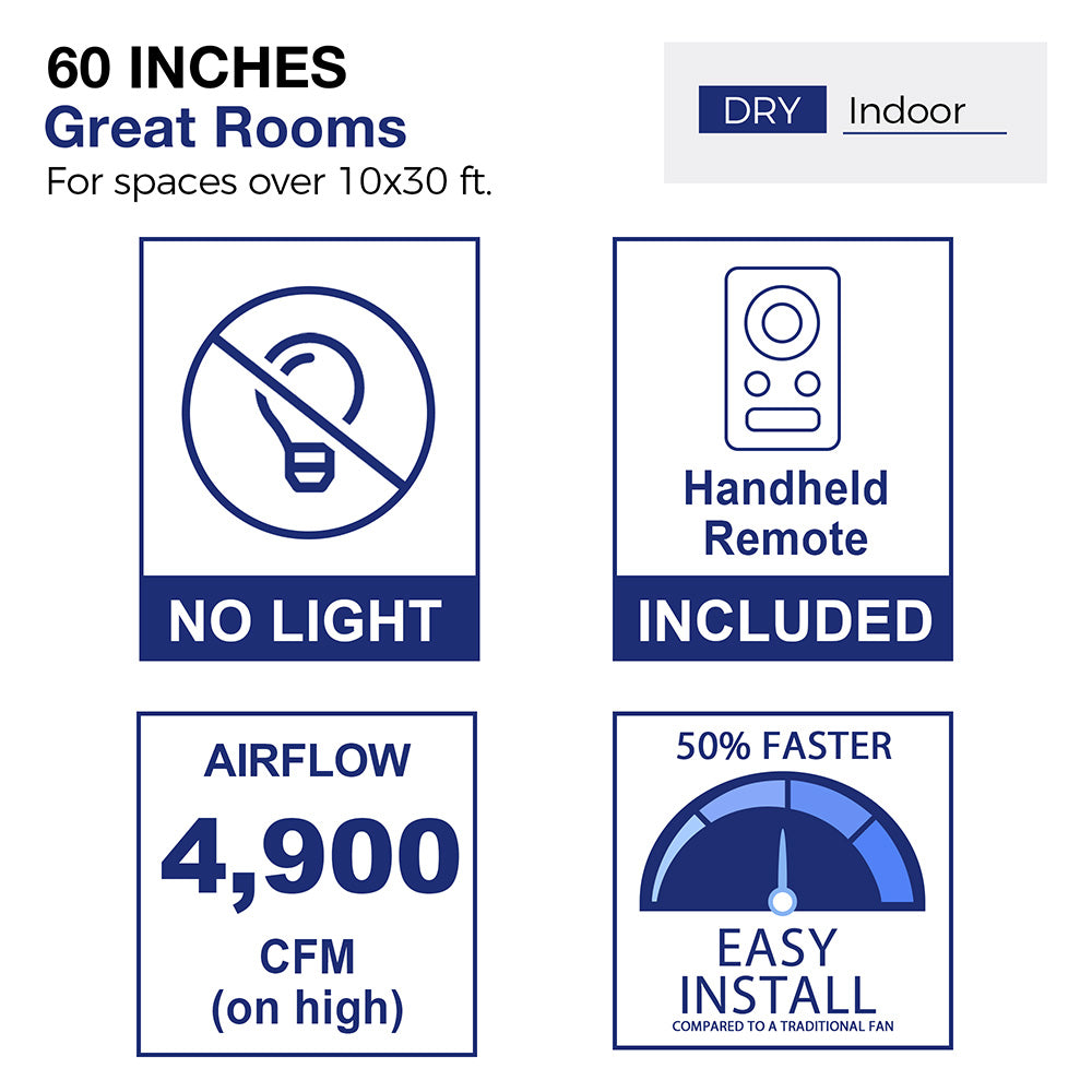 Diagram of a 60-inch ceiling fan designed for great indoor rooms measuring over 10x30 feet, specifically for dry environments. The image illustrates a stylized living room layout with furniture, showcasing the fan&