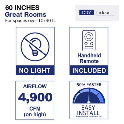 Diagram of a 60-inch ceiling fan designed for great indoor rooms measuring over 10x30 feet, specifically for dry environments. The image illustrates a stylized living room layout with furniture, showcasing the fan&