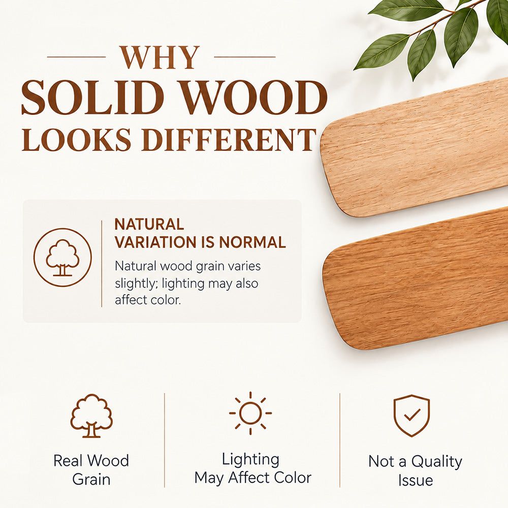 Smafan Outlet natural solid wood ceiling fan blades informational guide explaining color tone and grain pattern variations caused by tree age, climate, and lighting.