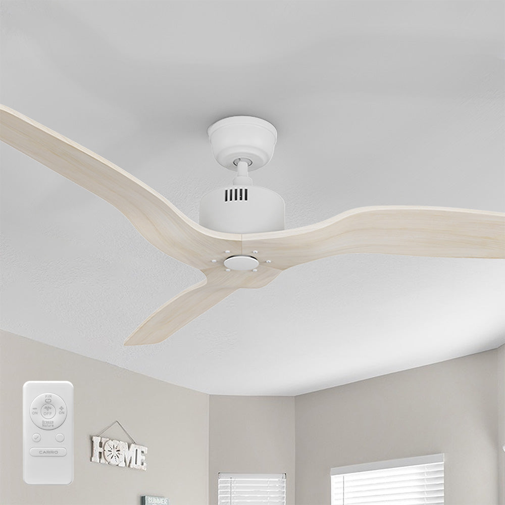 Wood 3-blade ceiling fan without light installed on a vaulted ceiling, showing a handheld remote control. 
