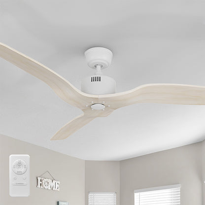 Wood 3-blade ceiling fan without light installed on a vaulted ceiling, showing a handheld remote control. 
