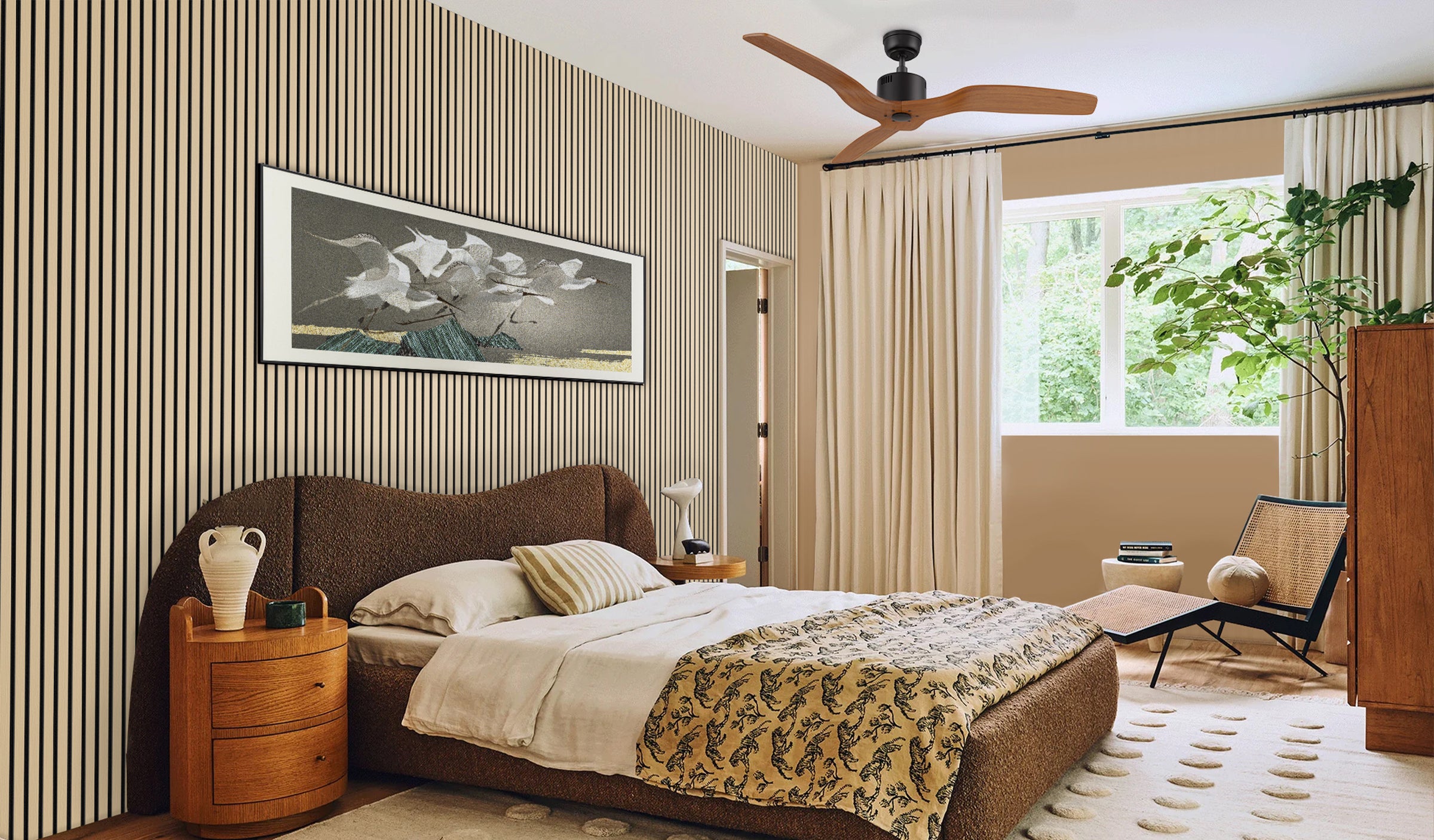 Cozy bedroom with Yarmouth wood ceiling fan, oak-colored acoustic wall panels, and serene wall art. Offers quiet airflow and rustic charm.