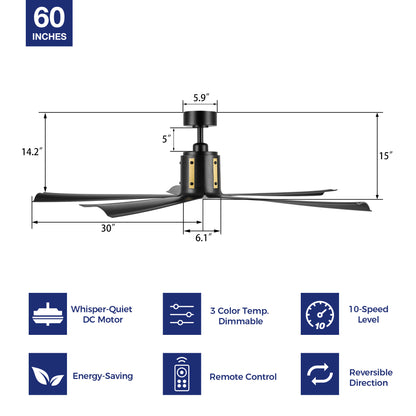 Features of the Zahar 60-inch black ceiling fan with dimmable LED light and remote, highlighting its energy-saving and multi-speed capabilities. 