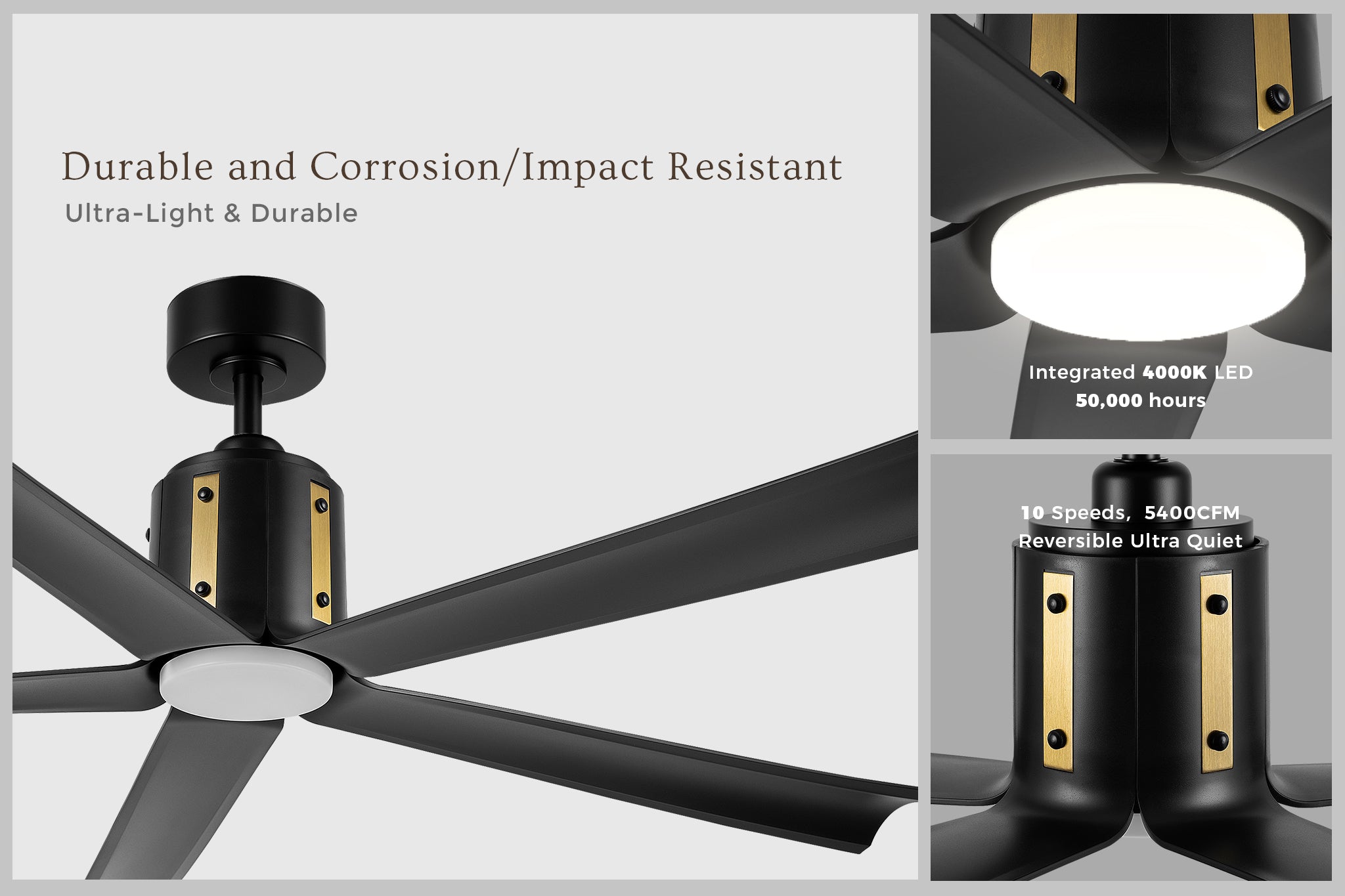 60 in large DC motor ceiling fan with remote, featuring with integrated 4000K LED light, 10-speed setting and durable plastic 5 blade. Provide your home with warm to cool lighting options and high cfm airflow.