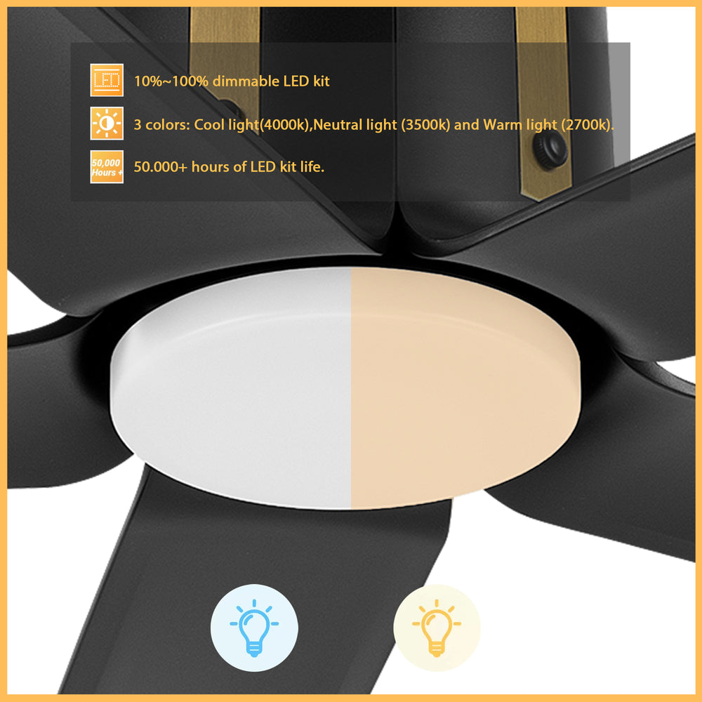A Zahar black ceiling fan with a dimmable LED light kit, featuring a close-up view of the light fixture displaying cool light (4000K) on the left and warm light (2700K) on the right. The fan includes a 10%~100% dimmable LED kit, three color options (Cool, Neutral, and Warm light), and a lifespan of over 50,000 hours, with icons indicating light settings. 