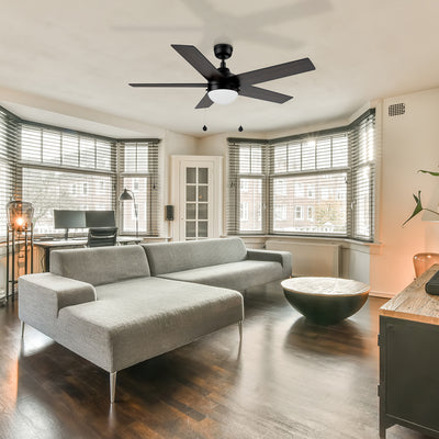 52 inch Black ceiling fan with LED light 5 speed Quiet DC motor ceiling fan in black matches well with the long floor curtains in the modern living room. #color_black