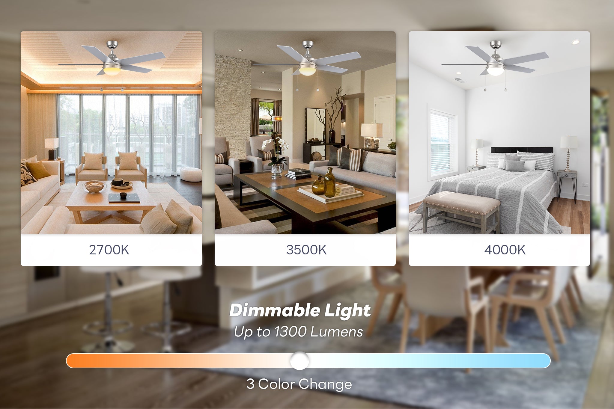 Up to 1300 lumens, 52 inch Zaire sliver modern ceiling fan with dimmable LED light, which is suitable for bedroom, living room and dinning room.