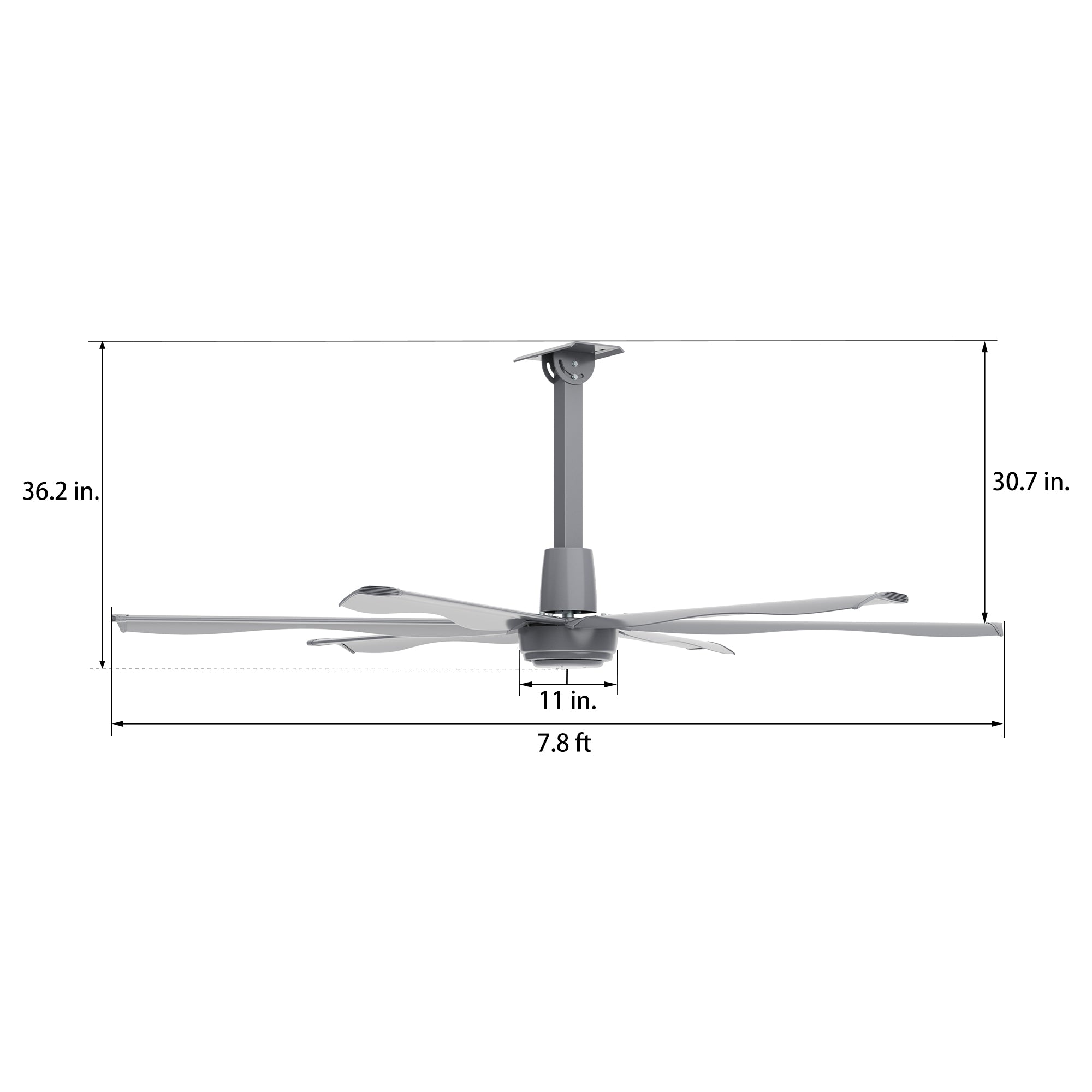 Dimension diagram of 8ft commercial HVLS fan in silver. 
