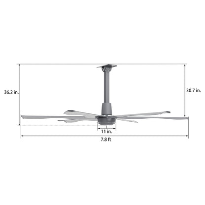 Dimension diagram of 8ft commercial HVLS fan in silver. 