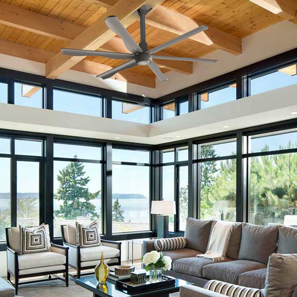 8ft large commercial ceiling fan installed in modern living room with purlins. 