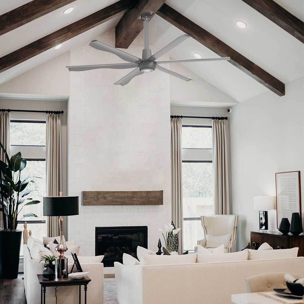 8ft large commercial ceiling fan installed in classic dark-wood style living room with purlins. 