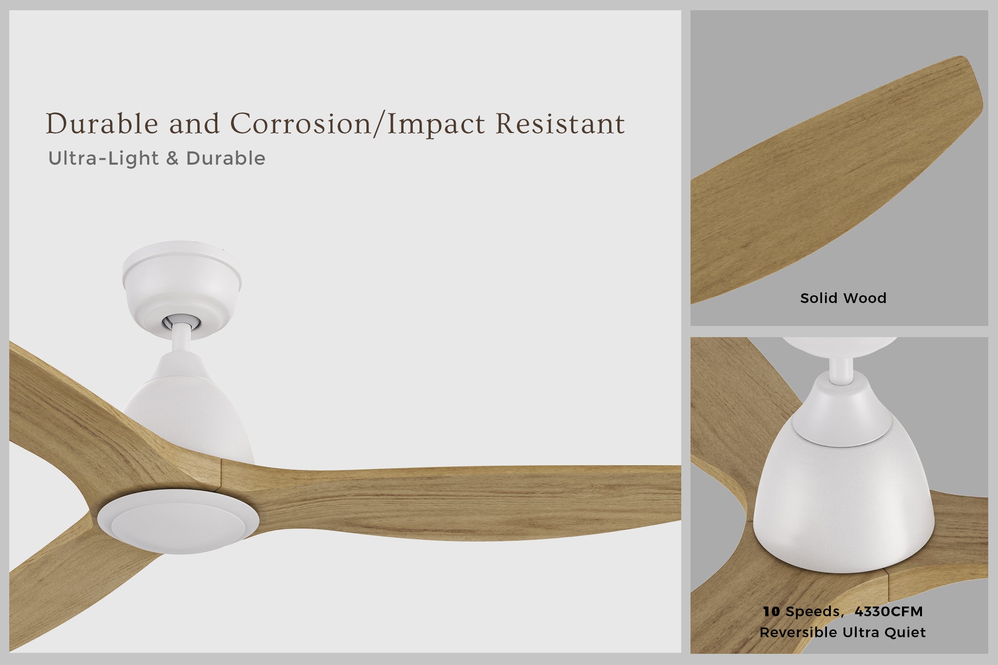 Close-up of the Zircon 52-inch ceiling fan, showcasing three solid wood blades with a natural oak finish and a durable white motor housing.  The fan features a whisper-quiet DC motor, designed for energy efficiency and long-lasting performance.