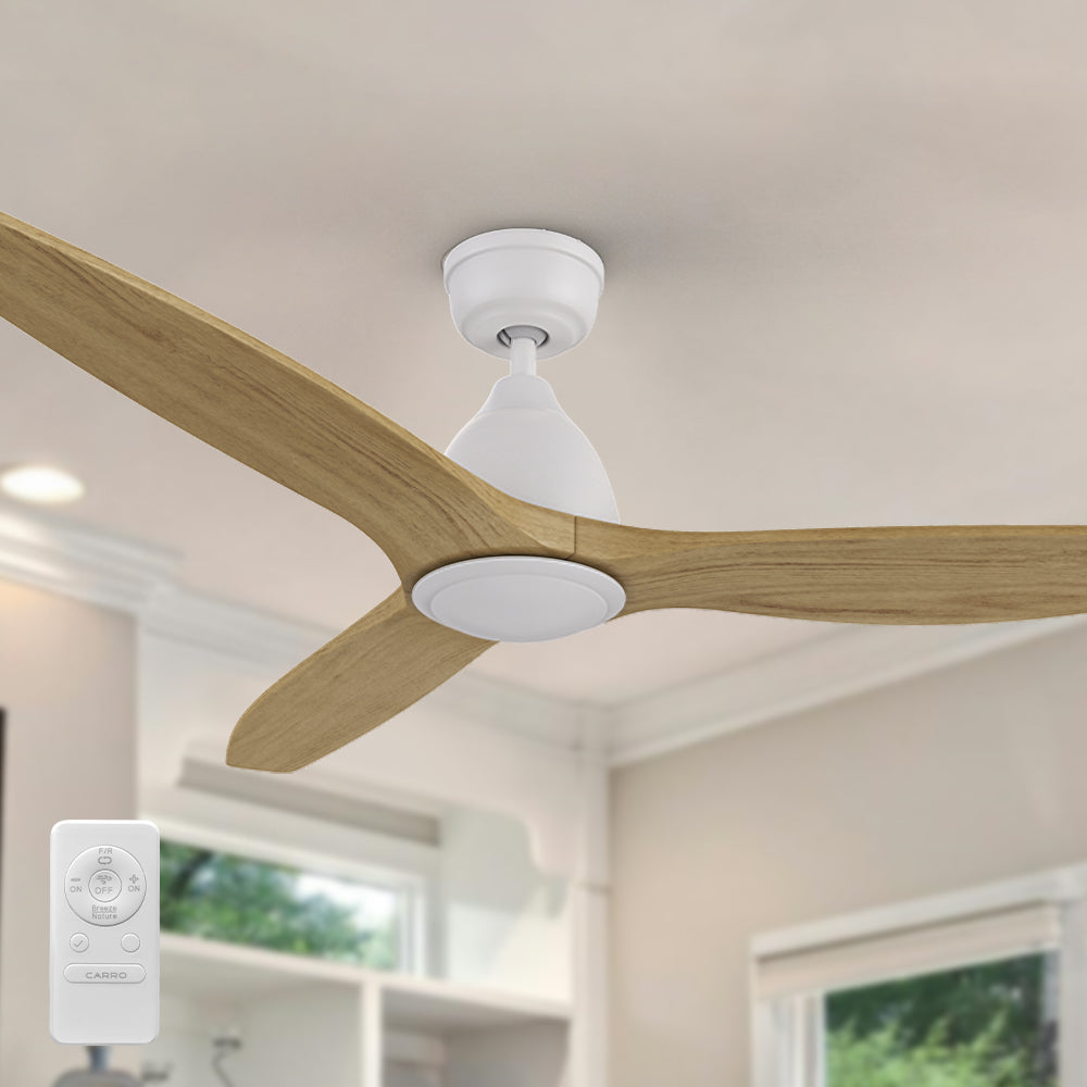 Close-up image of the Zircon white ceiling fan and its remote control, featuring with the 10-speed functionality and reversible DC motor for optimal year-round comfort.
