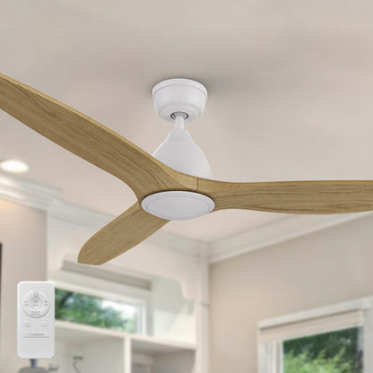 Close-up image of the Zircon white ceiling fan and its remote control, featuring with the 10-speed functionality and reversible DC motor for optimal year-round comfort.
