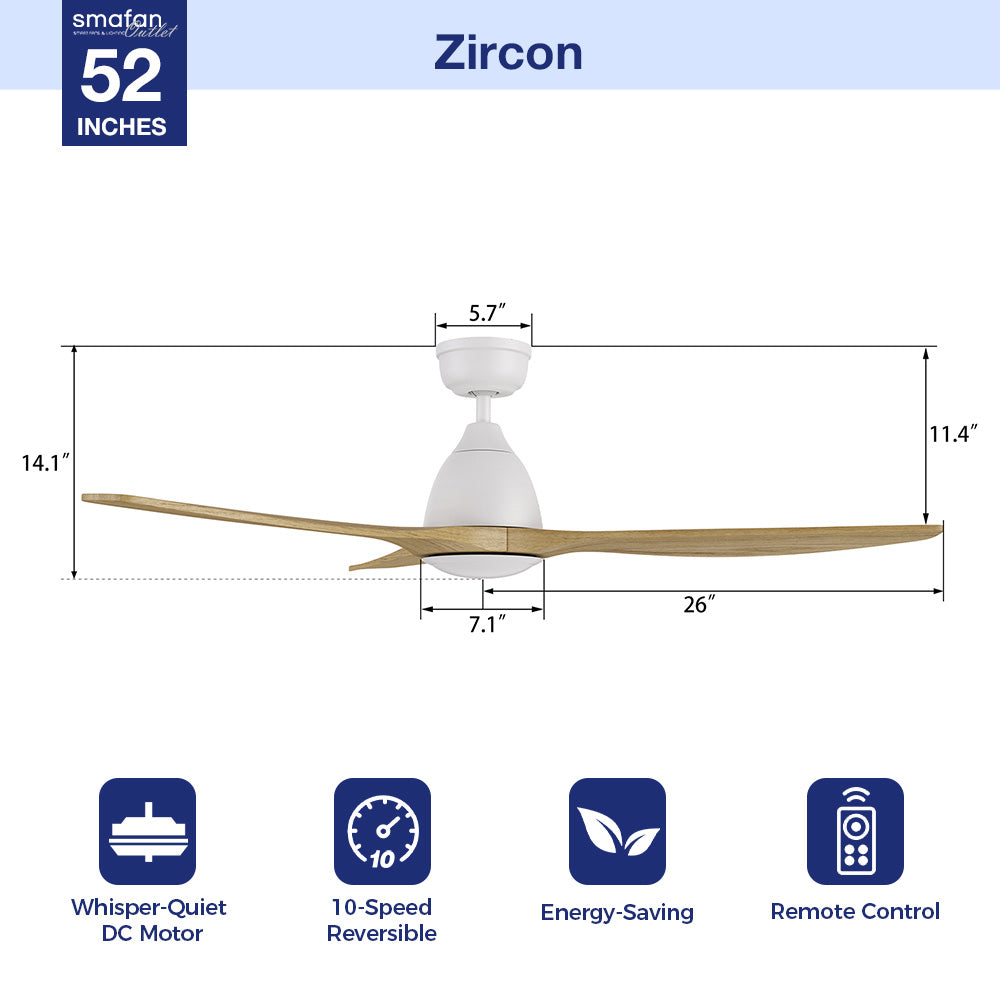 This image highlights the key features of the Zircon 52-inch ceiling fan with a whisper-quiet DC motor, 10-speed adjustable settings, and energy-saving design. Perfect for modern living rooms, this ceiling fan also includes a reversible mode for summer and winter use. The included remote control ensures easy operation, making it a top choice for quiet ceiling fans, energy-efficient fans, and DC motor ceiling fans. 