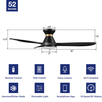 Kore 52&quot; flush mount smart ceiling fan in black with light and 10-speed DC motor. 