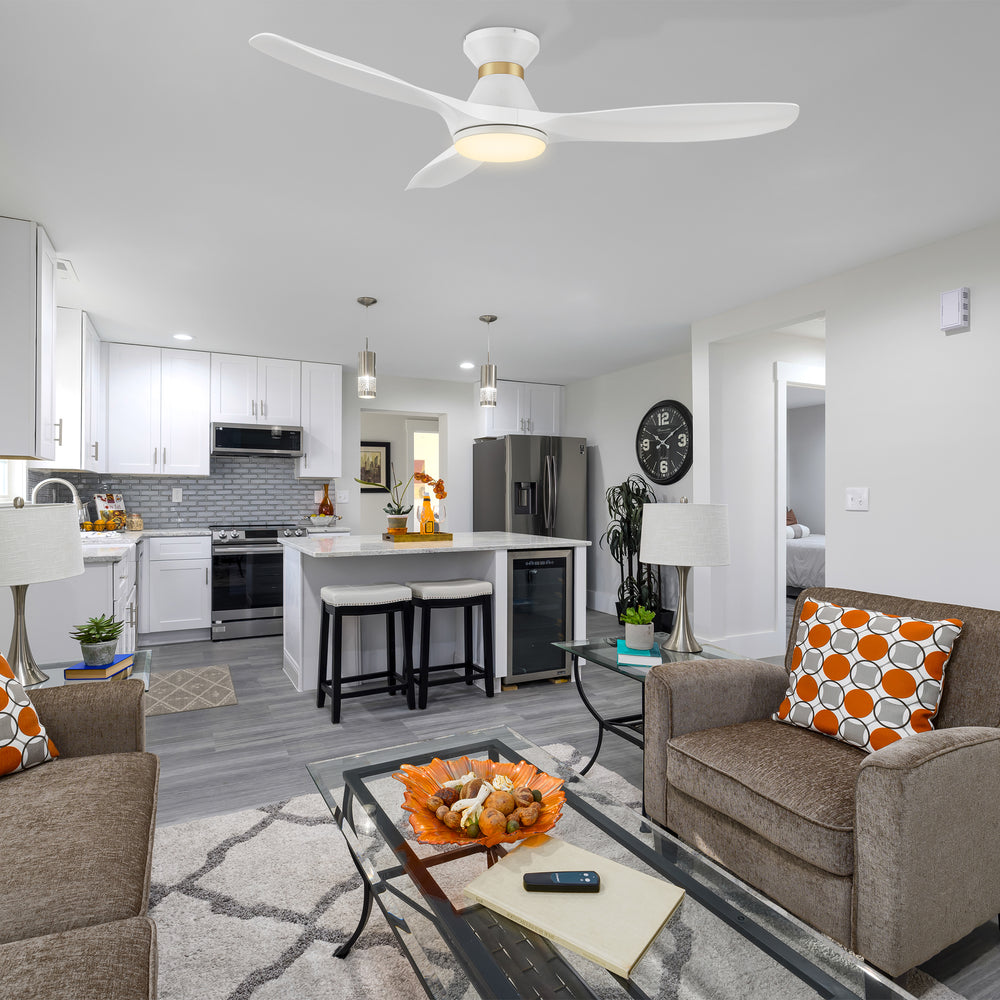 The Kore 52" White Flush Mount Smart Ceiling Fan with Remote, Light Kit Included，Works with Google Assistant and Amazon Alexa, Siri Shortcut. 
