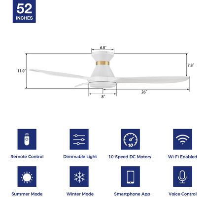 Kore 52&quot; white flush mount smart ceiling fan with light specification 
